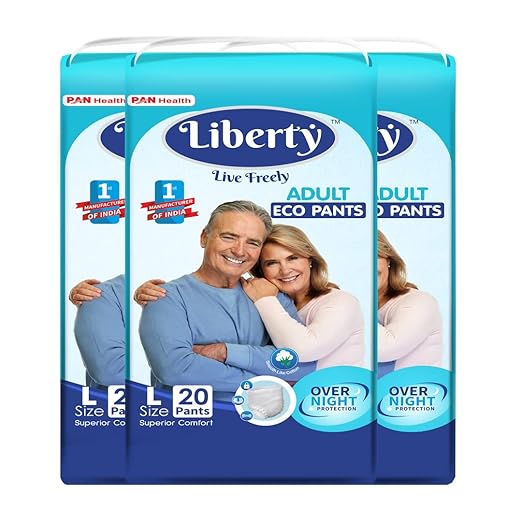 Liberty Eco Adult Diaper Pants, Large (L) 60 Count, Waist Size (75-140cm | 30-55 inches), Unisex, High Absorbency, Leak Proof, Overnight Protection, Pack of 3, 20 count/pack
