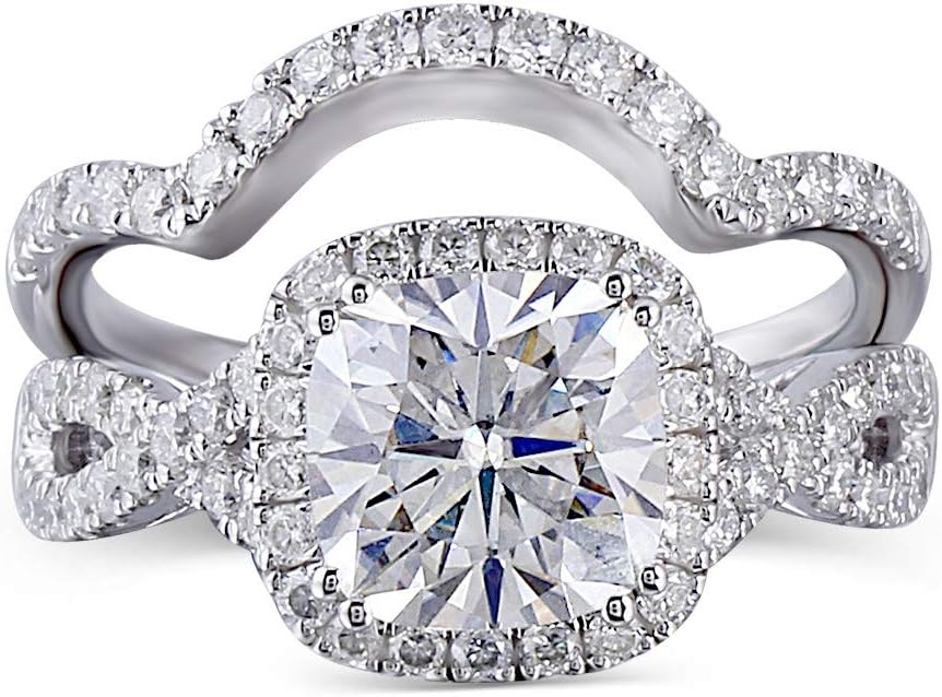 DovEggsCenter 2ct 7.5X7.5mm G-H-I Color Cushion Cut Created Moissanite Halo Engagement Rings 14K Gold QUALITY Sterling Silver Engagement Ring Wedding Ring Set 2 Pieces for Women