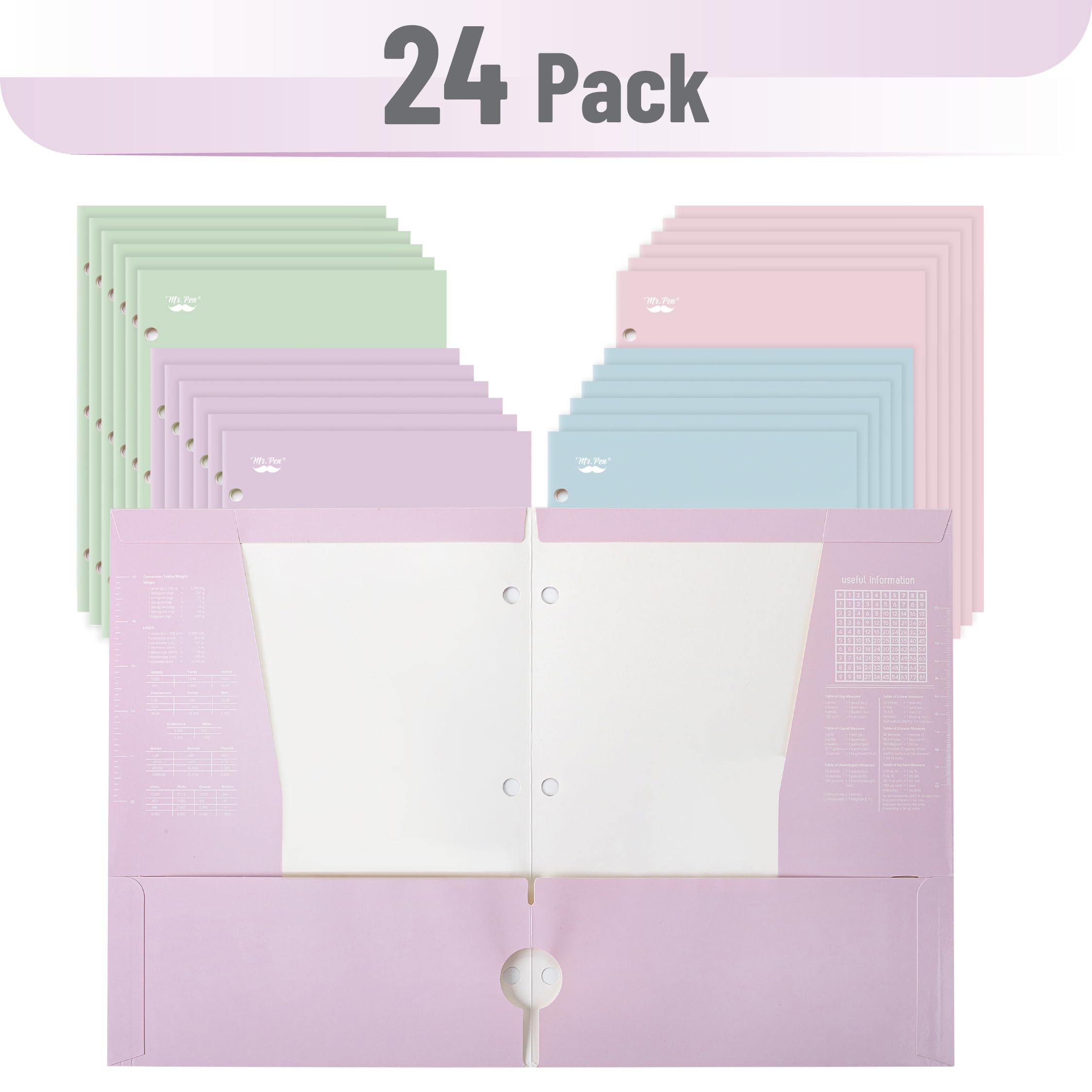 Mr. Pen- Pocket Folders, 4 Pocket, 4 Pack, Pastel Colors, Folders with Pockets 3 Hole Punched, Folder, Binder Folder: Pastel 24 Pack