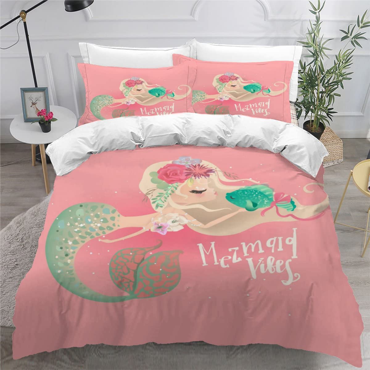 Housse de couette 220x240 sirène rose au design 3D d'exception pour un lit double élégant