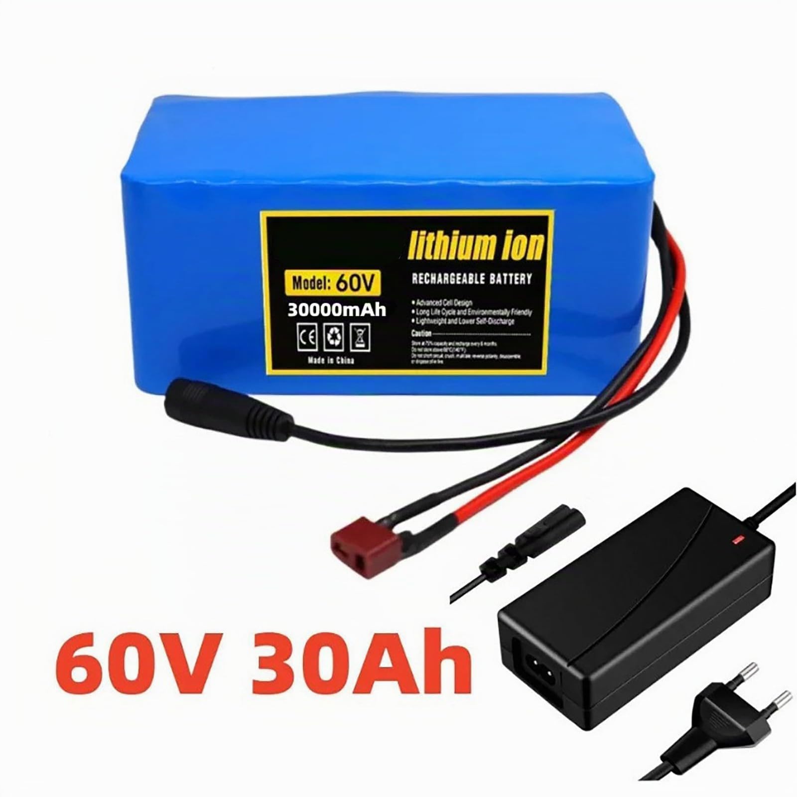 60V Lithium Ion Battery, 60V 30Ah 16S2P Lithium-Ion Battery Packs,with BMS + 67.2V 2A Charger, for 500W-800W Motor E-Bike Electric Bicycle Scooter XT60