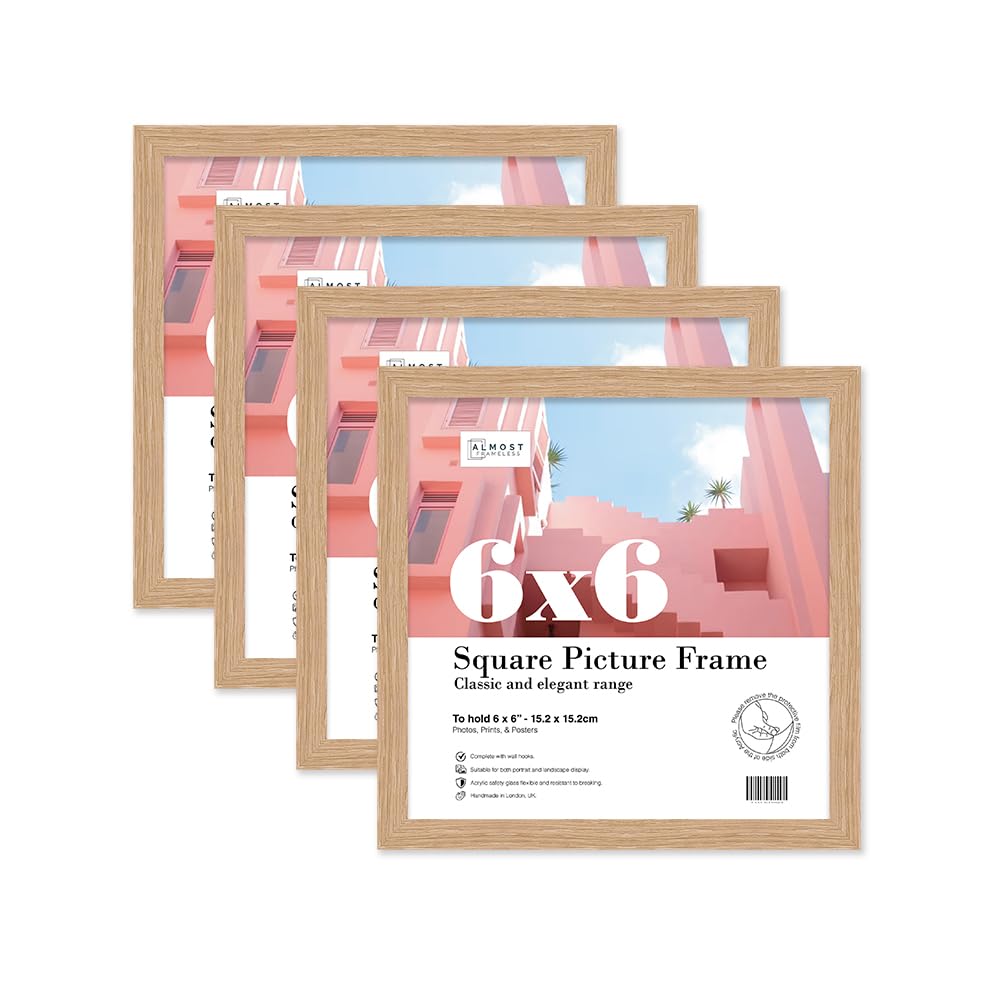 Almost Frameless 6x6 Oak Picture Frame Set of 4, Display 6x6 Picture Gallery Wall, Poster, Photo, Artwork, or Print, Oak, Square