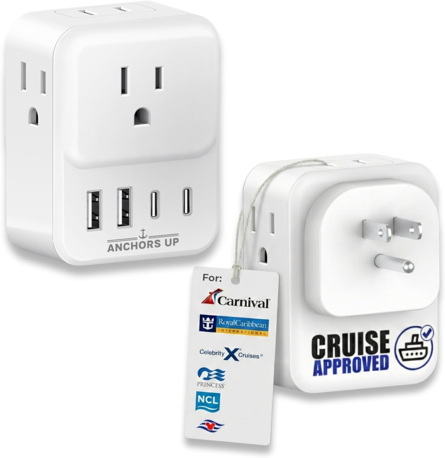 Cruise Approved US Plug Extender for Cruise Ships – Non Surge Multi Plug Adapter with 3 AC Outlets, 2 USB & 2 USB-C Ports – Cruise Essential for Carnival, NCL, Princess, DCL, MSC – Cruise Essentials