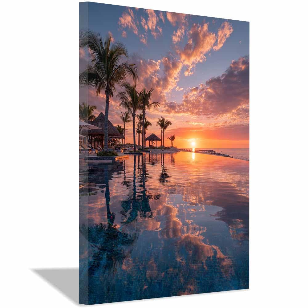 HOQIU Vintage wall art Tropical Resort Sunset decorative painting, wall art, for Living Room Bathroom Bedroom Kitchen Decoration.(Multicolor)-70x100cm Framed