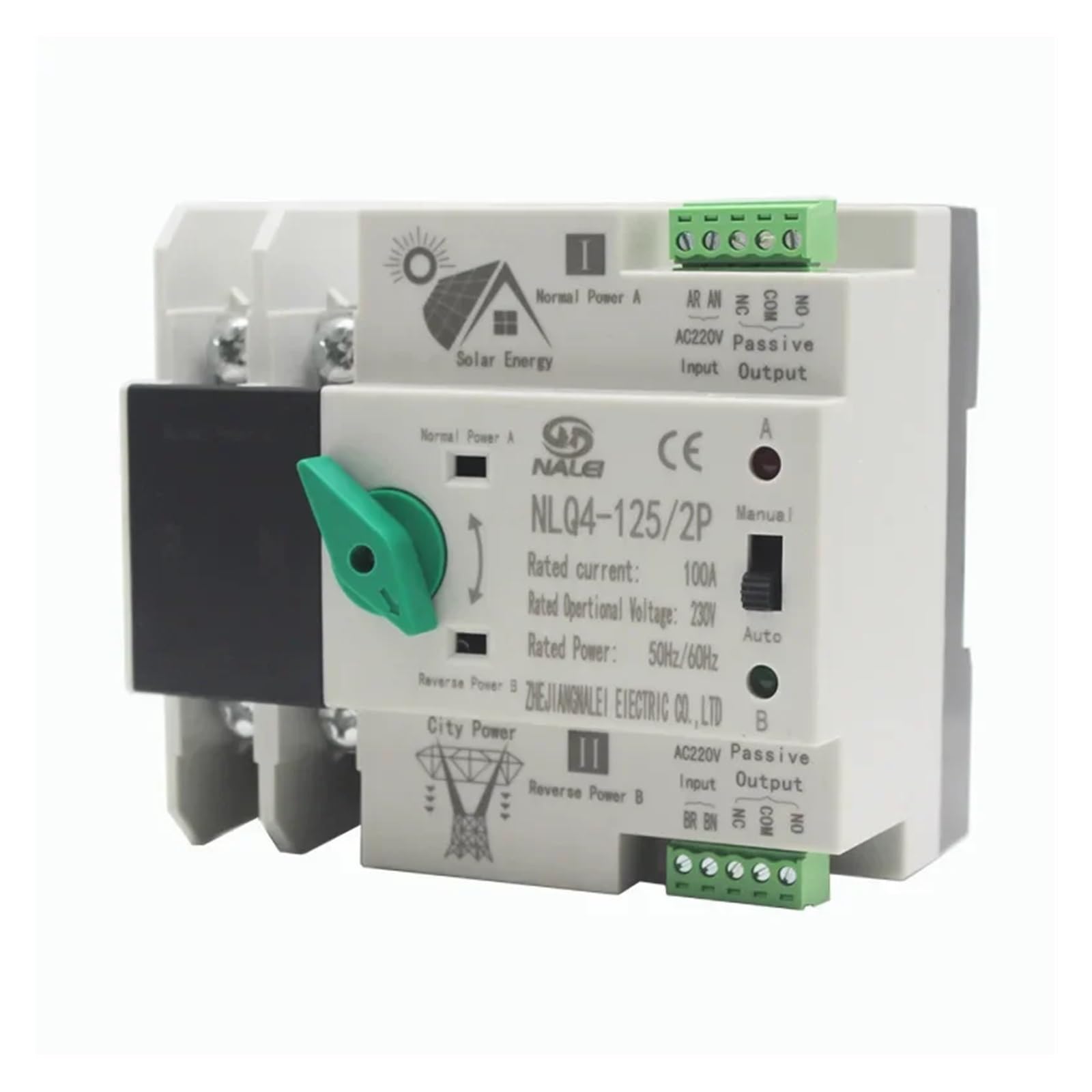 Fuente de alimentación Inversor fotoico de 230V, modelo de conmutación de potencia continua, Doble potencia, interruptor de conversión automática NLQ4-125/2P 63A 100A 16A-125A(2P 100A)