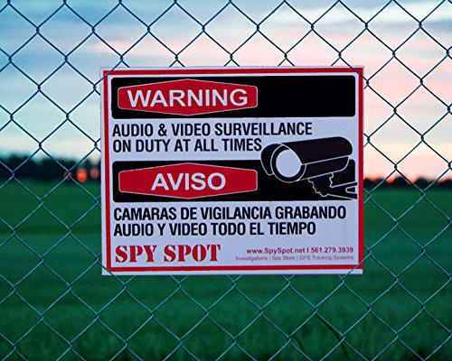 Placa CCTV de plástico Warning Audio and Video Surveillance on Duty At All Times em inglês/espanhol