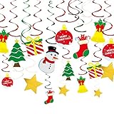 KUUQA 34 Pieces Christmas Hanging Swirl Decorations Kit Ceiling Swirl Decoration Christmas Tree Snowman Socks Gift Box Pentagram for Christmas Party Decoration
