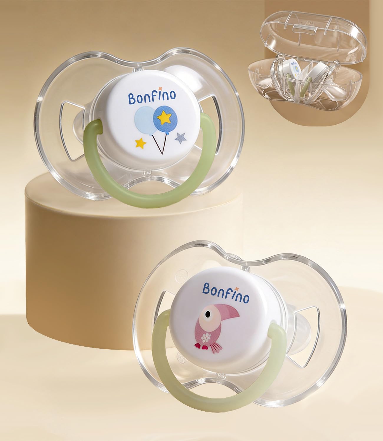 Bonfino Airy Tritan Pacifier for Babies,Orthodontic Silicone Teat,Breathable Ventilation Shield,Glow in The Dark Ring,Lightweight Baby Safe Design with Sterilizer Case,3 Months+,Pack of 2 (Balloon+ Bird Print)-image-48