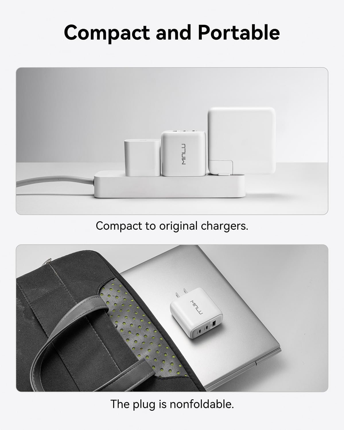 MINLU 65W USB C Charger Block,GaN 3-Port Compact Fast PPS Type C Wall Charger with 6Ft 100W 2 in 1 USB-C/L Cable,Fast Charging for MacBook Pro/Air,iPad,iPhone 17/16/15 and More Series,Galaxy S24 UItra