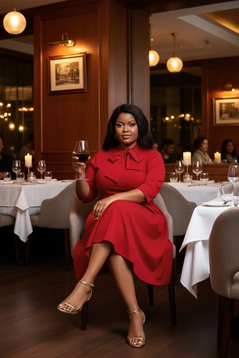 FANDEE Midi Dress for Women Casual 3/4 Sleeve Semi Formal Fit and Flare Dress Classy Tie Neck Work Business Dresses - Image 3