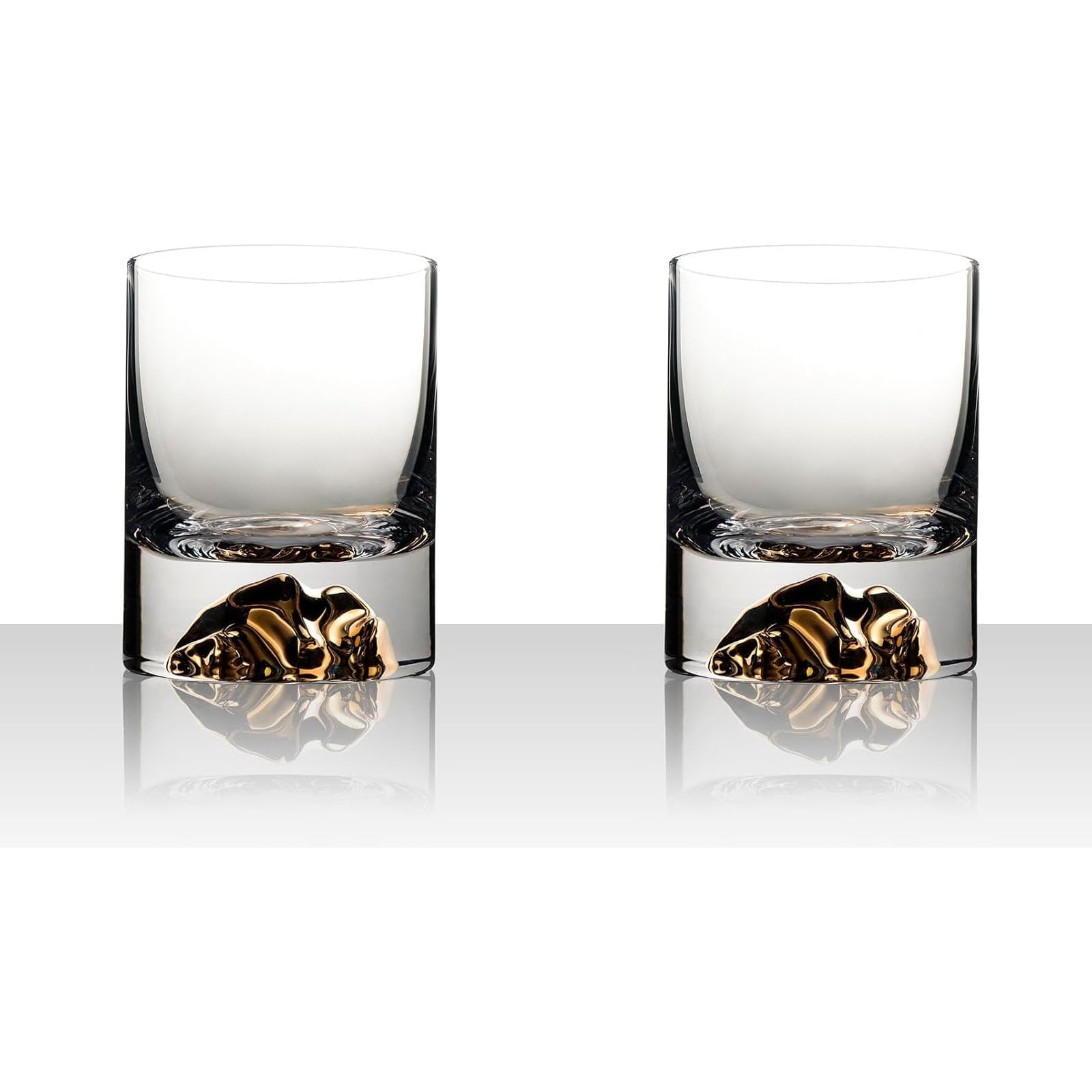 Whiskey Glass Set of 2 - Handmade Crystal Whisky Glasses - Modern Double Old Fashioned Rocks Tumbler Drinking Glass Set (Golden mountain)