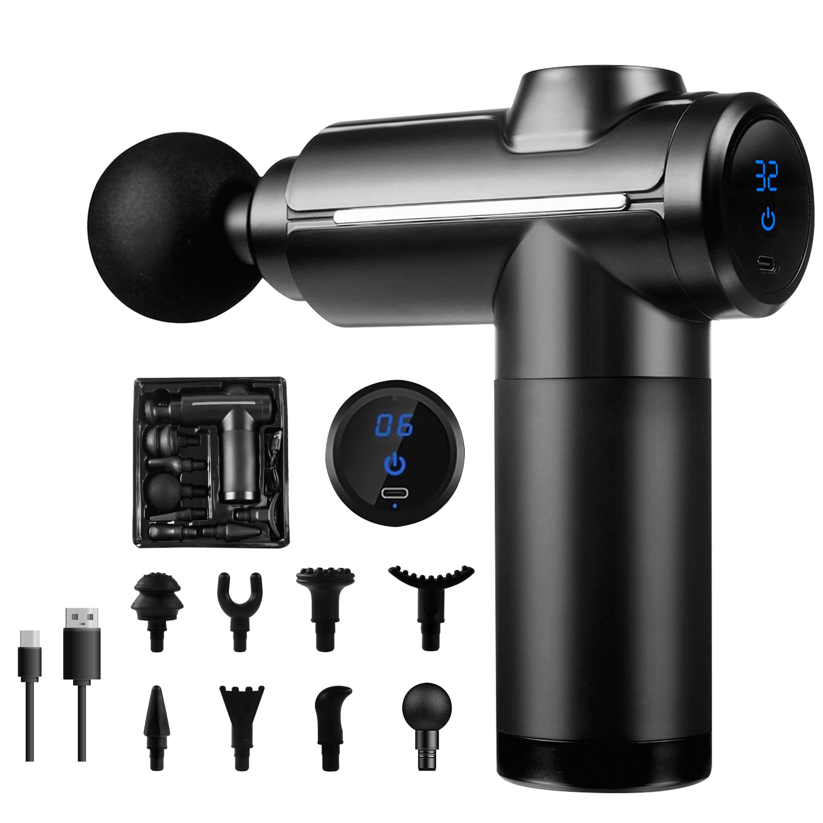Pistola de masaje de tejido profundo, masajeador de percusión muscular, masajeador de ajuste de 32 engranajes, con pantalla táctil LCD, 8 cabezales para relajación de hombros, cuerpo, espalda, Black