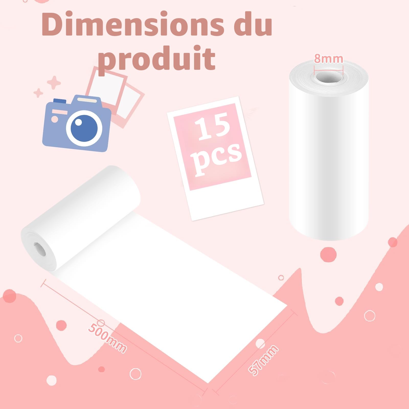 Papier Thermique pour Appareils Photo Instantanés 57 mm x 500 mm 15 Bobines