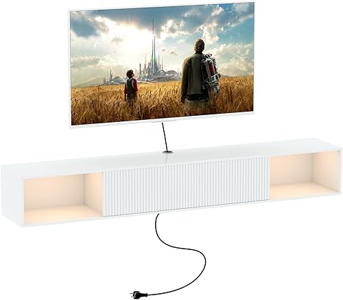 Soporte de TV flotante de 55 pulgadas de ancho con luces LED, centro de entretenimiento montado en la pared con soporte de TV largo de