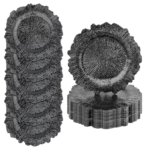 osgevei 25PCS 13inch Black Charger Plates Bulk- Round Plastic Chargers for Dinner Plates- Floral Reef Table Plate Chargers for Wedding, Halloween, Thanksgiving, Christmas, Party, Display