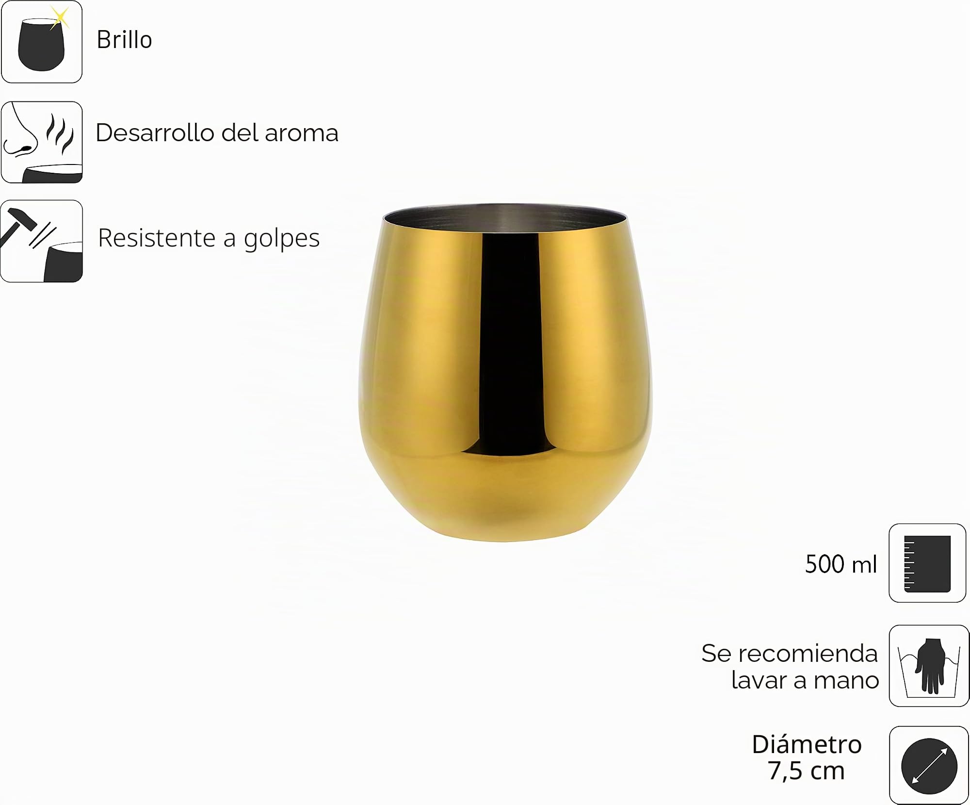 ECHTWERK Copas de vino, copas de vino tinto, copas de acero inoxidable, copas irrompibles, vasos inastillables, copas de cóctel, copas de camping, 500 ml, edición oro, 6 piezas