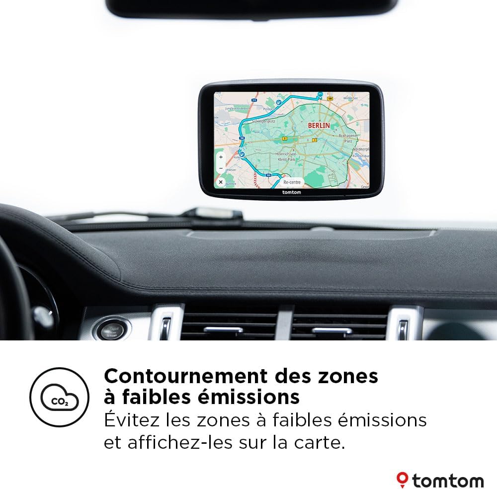 TomTom GPS GO Navigator displaying a map with a low emission zone highlighted.