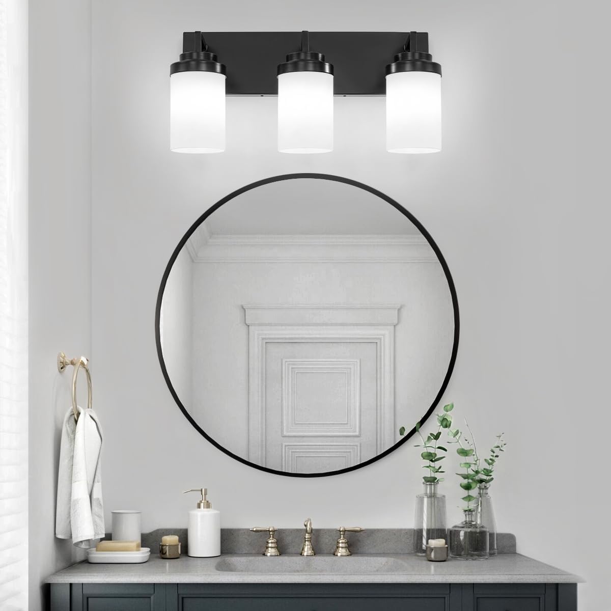 19" Black Vanity Light for Bathroom,3-Light Bathroom Light Fixtures Over Mirror,Black Vanity Lighting Fixtures with Milk White Glass Shade, Wall Sconces for Bathroom Kitchen Sink