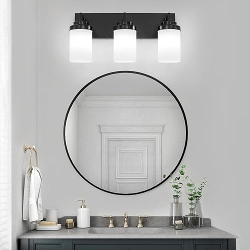 Miniatura 2 de Lámpara de tocador negra de 19 pulgadas para baño, lámparas de baño de 3 luces sobre espejo, accesorios de iluminación de tocador negros con