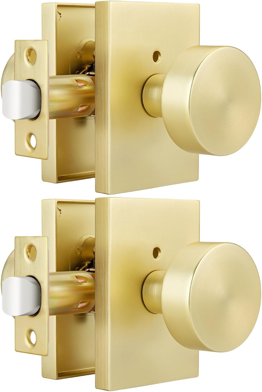 Goldenwarm Gold Door Knobs Interior, Heavy Duty Brushed Gold Interior Door Knobs for Bedroom Bathroom, Round Privacy Door Knob, Zinc-Alloy Rectangle Rosette Indoor Doorknob (2 Pack)