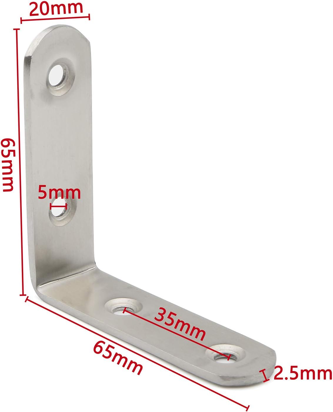PxyelecStainless Steel L Bracket Joint (10-Pack) 2.5mm Thick Silver Right Angle Corner Brace 65mm x 65mm x 20mm Fastener Corner Brace Fixture Protector for Wood Mini Shelf Brackets with 40 Screws