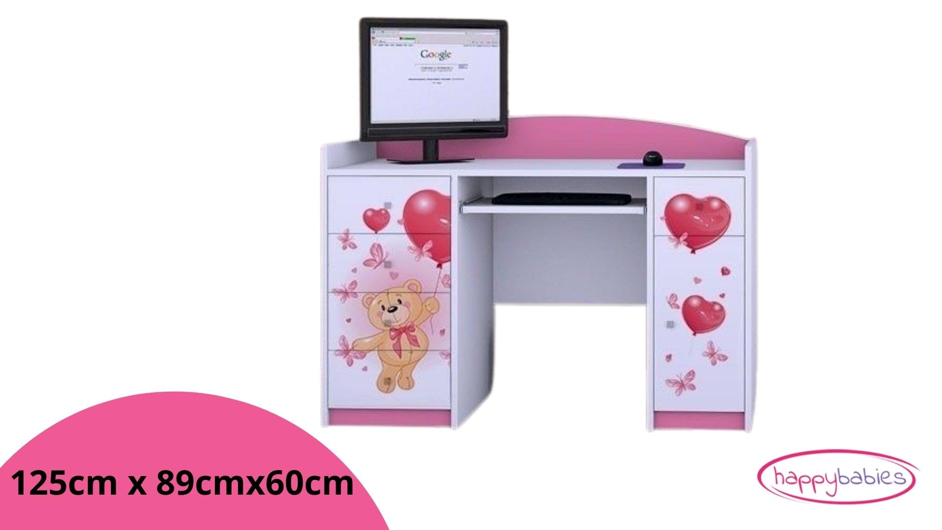 Happy Babies Scrivania per bambini con 5 cassetti, colore bianco, blu, 125 x 89 x 60 cm, scrivania per computer con ripiano per tastiera, per cameretta dei bambini, motivo orsacchiotto