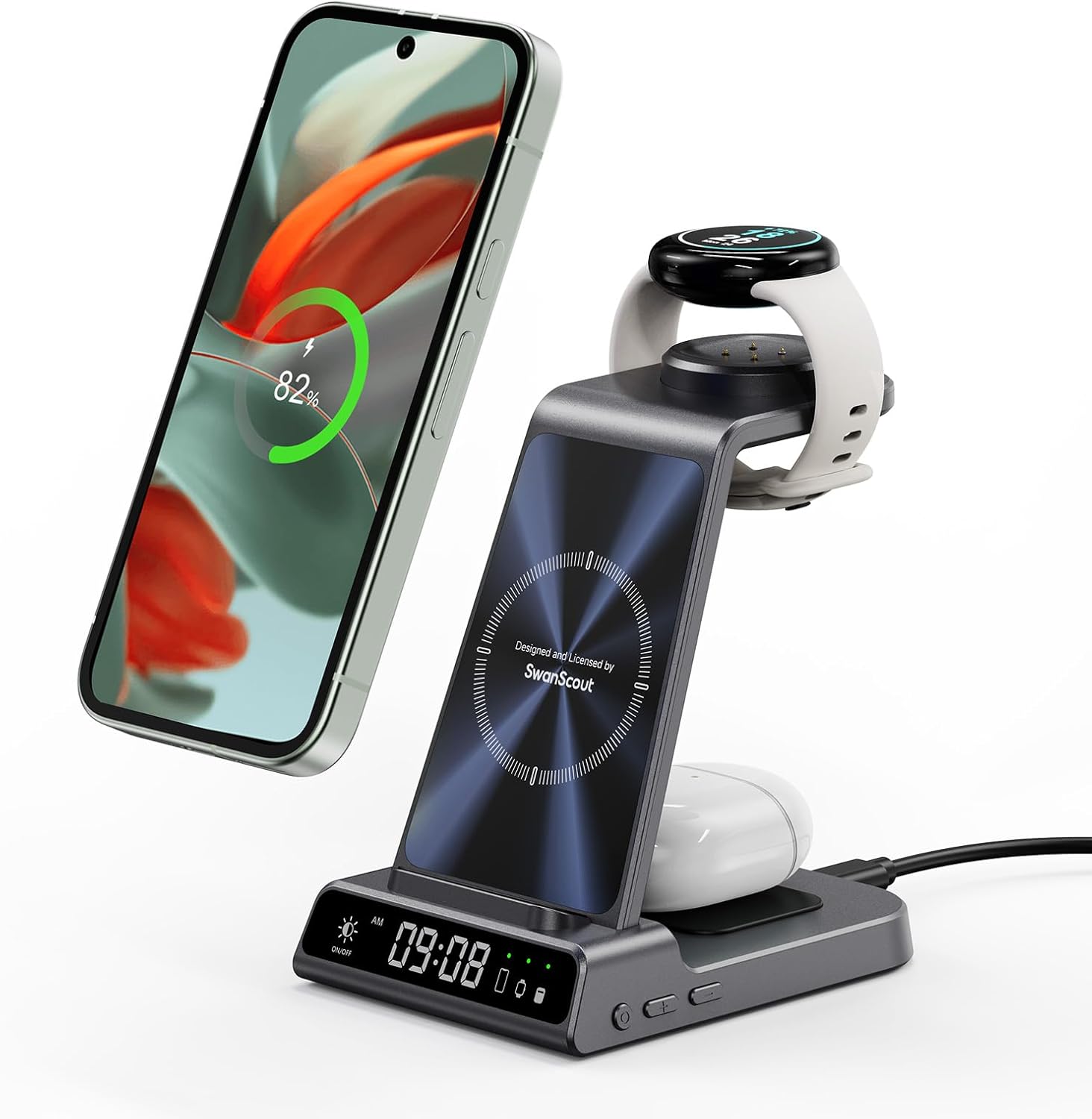 Pixel Watch Charger Stand for Pixel Watch 3/2 (not for Pixel Watch 4/1), 3 in 1 Wireless Charging Station for Google Pixel 9 Pro Fold/9 Pro/9a/9/8/7/6/5 & Earbuds, SwanScout C01G2