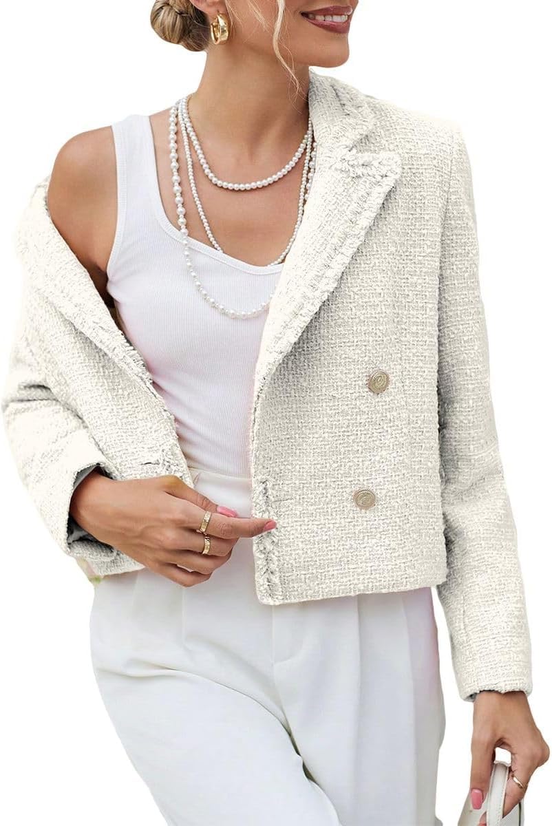 Donna Autunno Inverno Tweed Blazer Casual Doppio Petto Aperto Anteriore Ufficio Tasche Giacca Solida