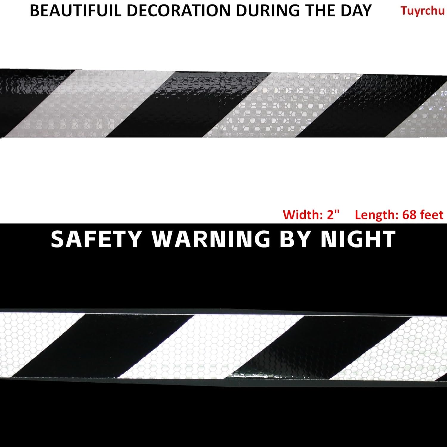 Black White Reflective Tape 2 Inch Wide, Outdoor Waterproof Night Safety Reflector Stickers for Vehicles (68 feet)