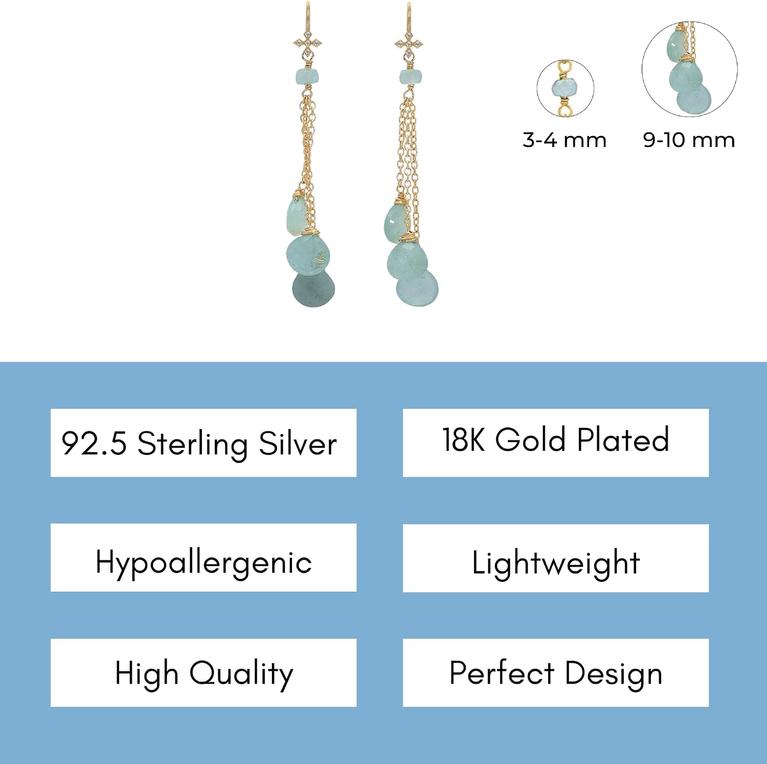 Aquamarine Earrings for Women Heart Chandelier Drop Shape - 18K Gold Vermeil, Certified 925 Sterling Silver Earring - Hypoallergenic Gold Jewelry for Women, Mothers Day Gifts