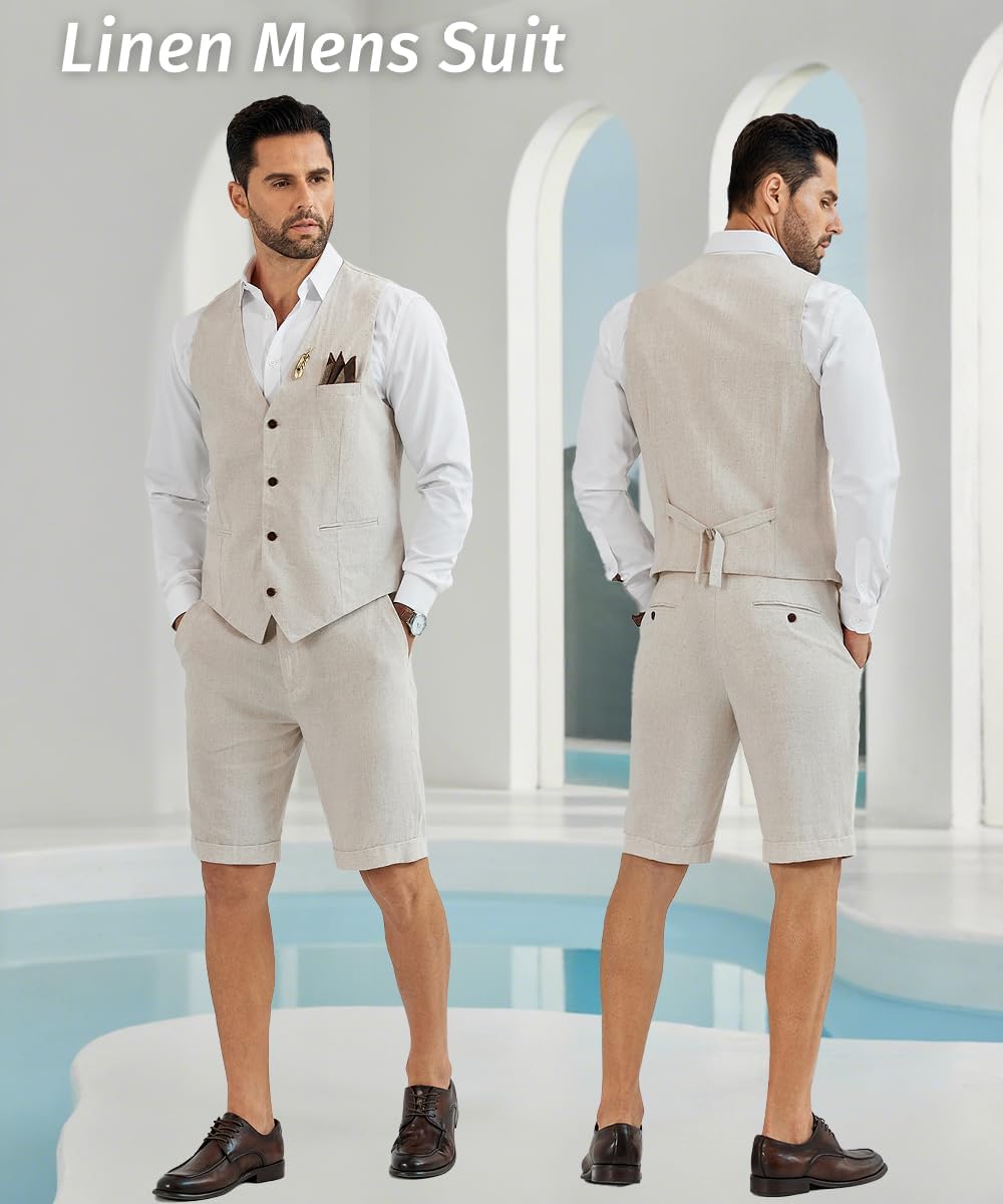 Men's Linen 2 Piece Suit Slim Fit Wedding Groom Groomsmen Summer Vest Shorts Set - Image 2