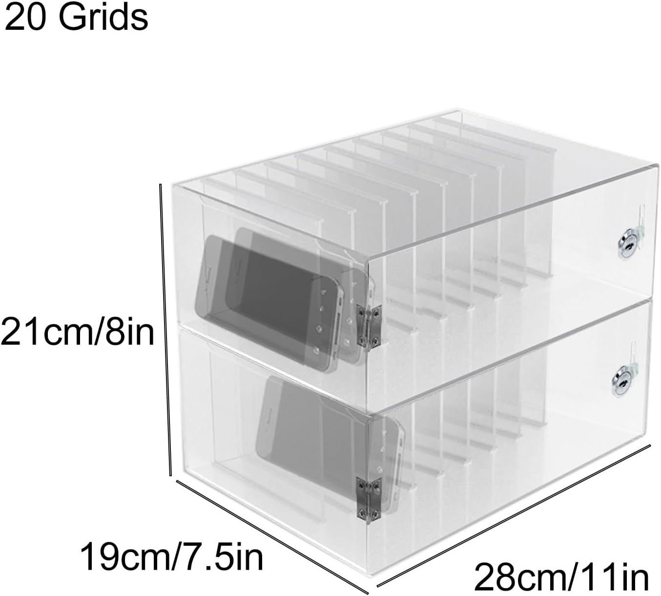Secure and Portable Acrylic Phone Storage Cabinet with Lock, Transparent, for Company, Factory, School, Conference Room, Coal Mine(28x19x21cm/11x7.5xx8in)