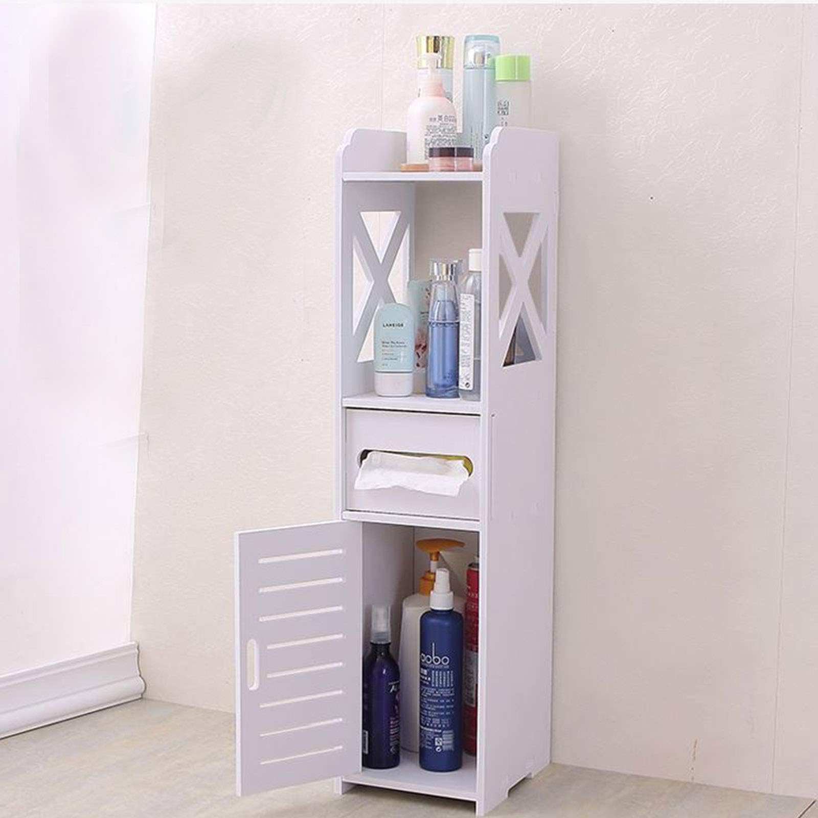 Armadietto da Bagno Salvaspazio 15x15x80cm, Mobile Bagno Stretto Impermeabile in PVC, Colonna Bagno Slim con Cassetto e Ripiani, Mobiletto Bagno Bianco per WC Cucina Camera