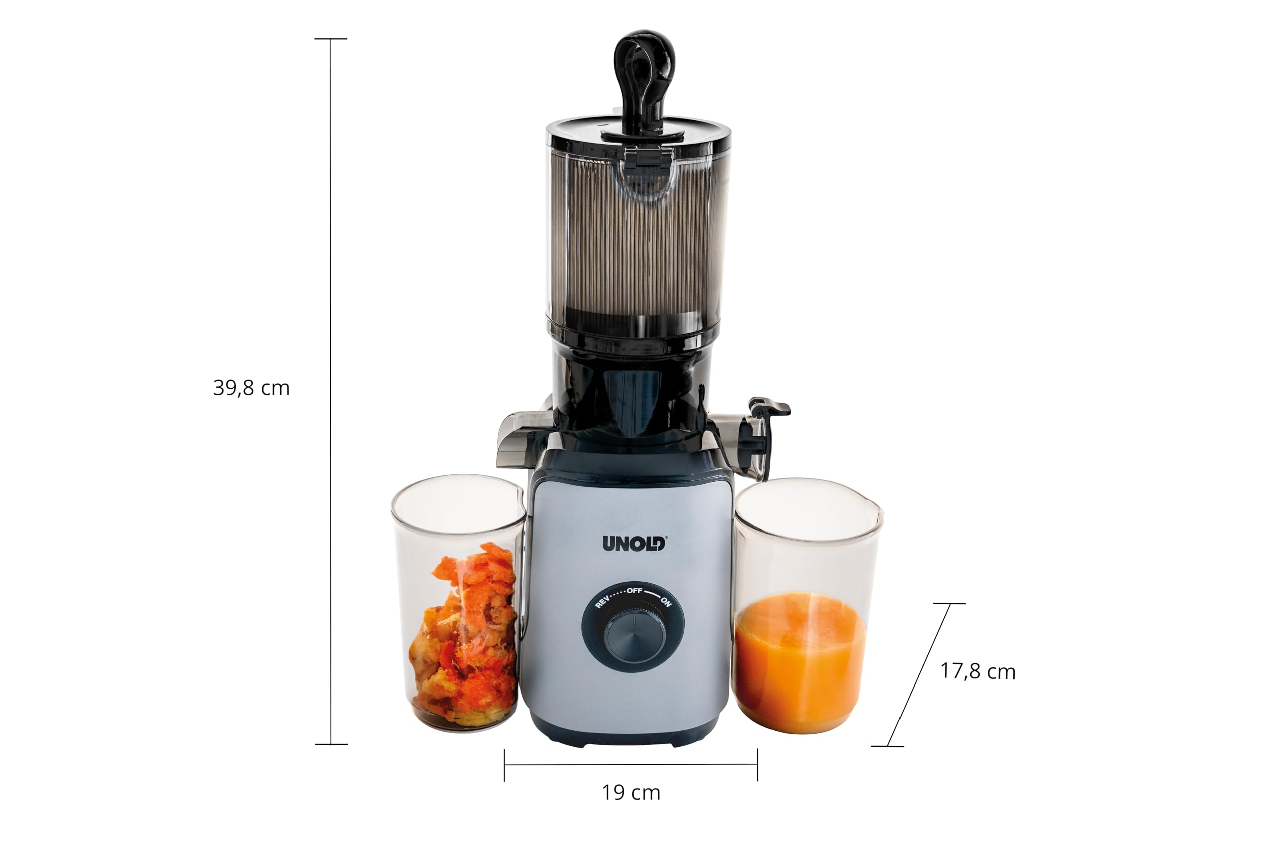 Unold 78275 Slow Juicer Sam, Entsafter mit großem Einfüllschacht und 300W Motor für Obst, Gemüse, Smoothies und Sorbets, mit 110 mm Einfüllöffnung, Leicht zu Reinigen, 800ml Fassungsvermögen