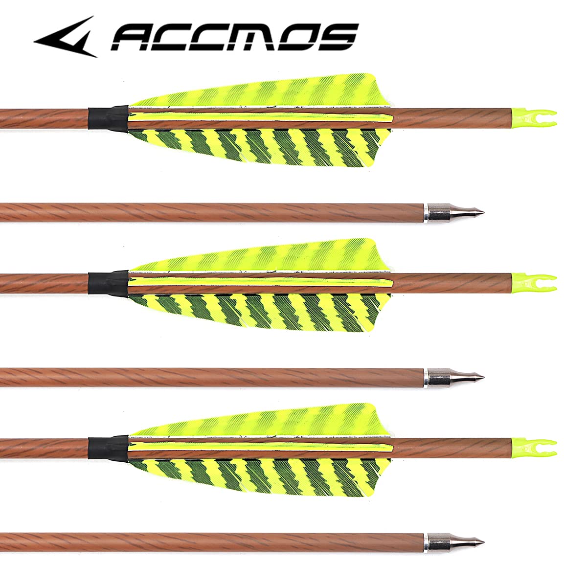 ACCMOS ID 6,2 mm Grana del Legno Frecce in Carbonio 4" Strisce Gialle Piuma Spine 350 400 500 600 700 Frecce da Caccia per Tiro con L'Arco 6 Pezzi (31inch, Spine 600)