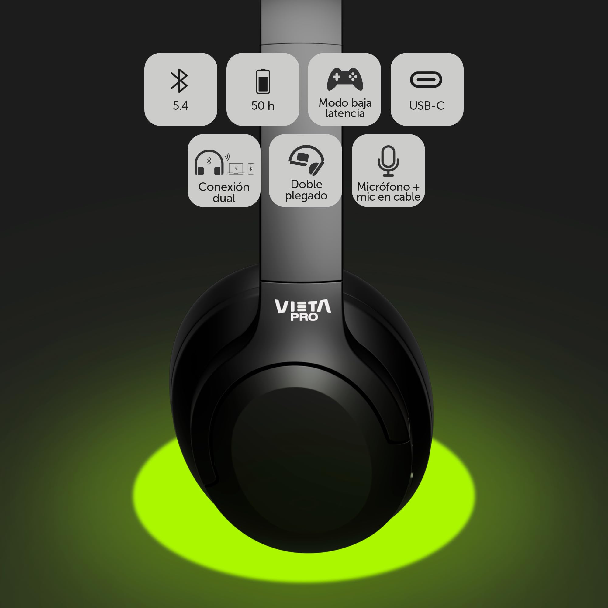 Vieta Pro - Cascos inalambricos Bluetooth Diadema con Dual Pairing. Sonido Estéreo y 50 Horas de Reproducción, Modo Gaming con micrófono para PC/Teléfono, USB Tipo C y Plegables. Auriculares Stream