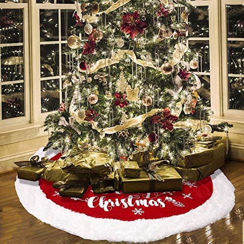 DR.DUDU 48 Inches Christmas Tree Skirt, Red Double Layers Xmas Tree Decor for Christmas Winter Holiday Home Party Decoration
