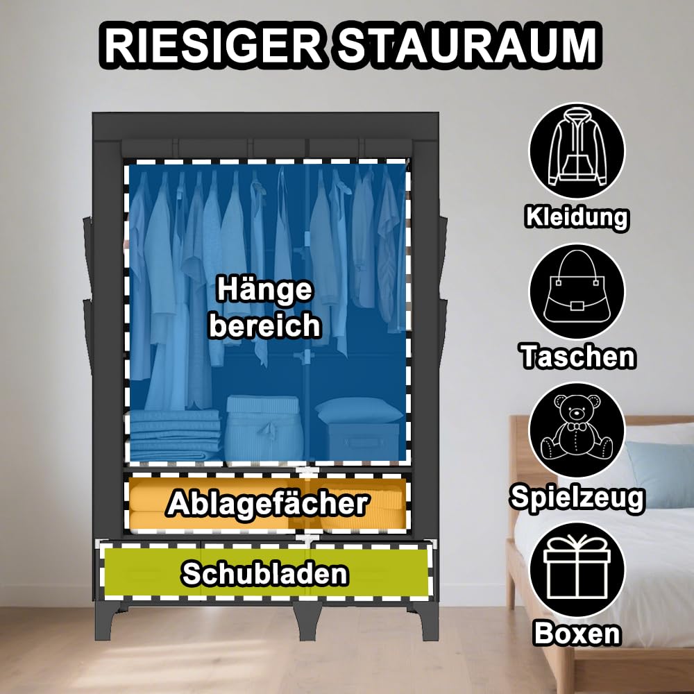 OPPAIYA Armoire en tissu stable - 109 cm de large - Armoire pliante avec 2 tringles et tiroirs - Grande armoire textile pour chambre à coucher - Penderie - Noir - 109 x 45 x 165 cm