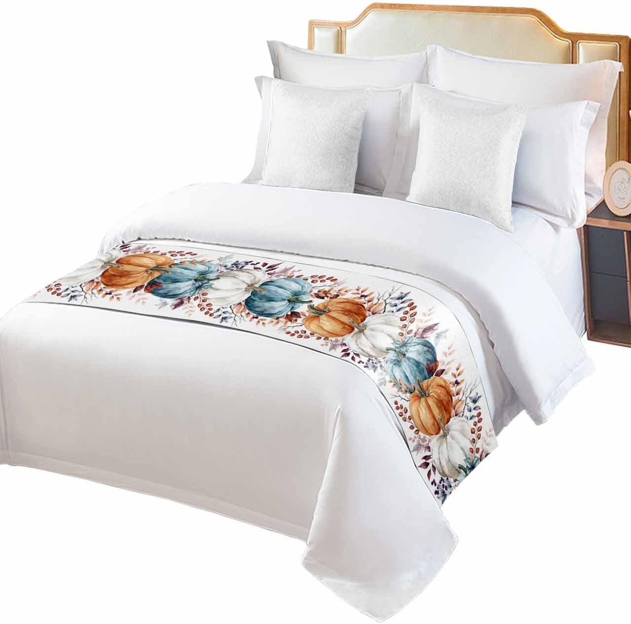 Thanksgiving Bed Runner Scarf Fall Blue Orange and White Pumpkin White Bedding Scarf Decorative Bed Runners Cover for Home Bedroom Hotel Wedding Room Bed Scarf for Foot of Bed King 102x20in