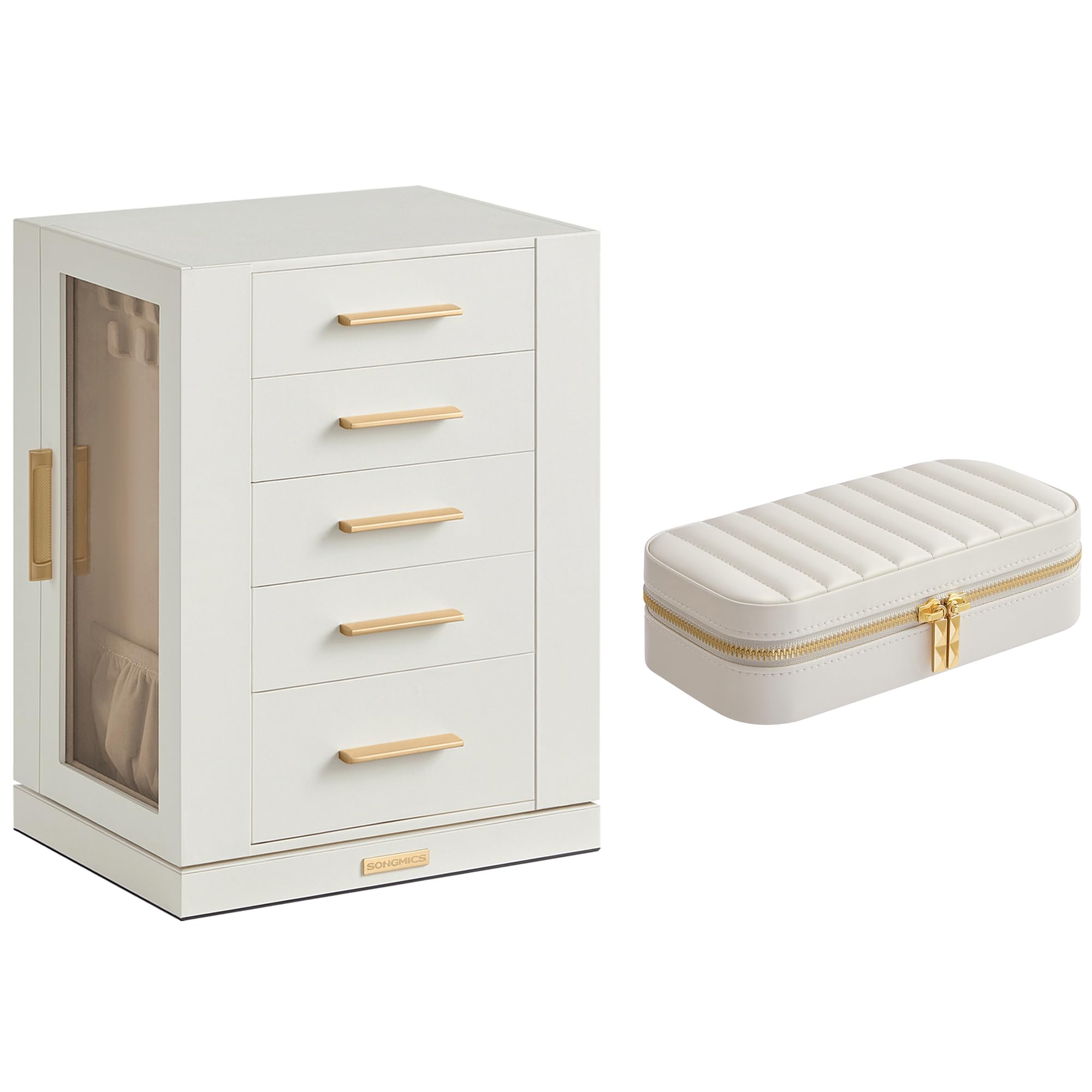 SONGMICS Jewelry Box 360° Rotating and PU Travel Jewelry Box Bundle, Jewelry Storage Case with 5 Drawers, Jewelry Organizer, Glass Window, Gift, Cloud White UJBC170W01 and UJBC180W01