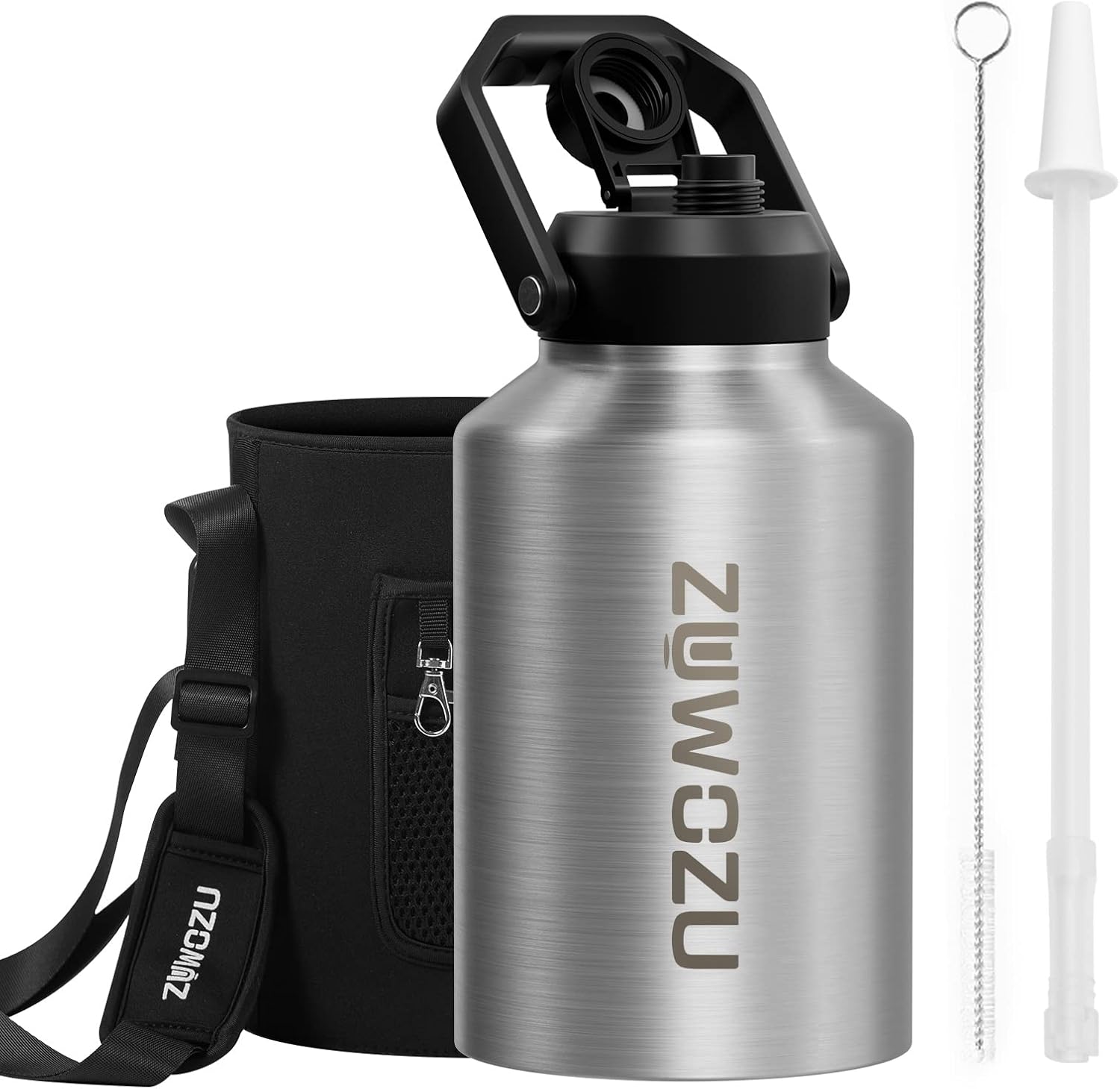 Half Gallon Water Bottle Insulated, 64oz Stainless Steel Half Gallon Water Jug with Straw, Spout,Handle and Carry Sleeve, Wide Mouth,Leak Proof, Keeps Drinks Hot and Cold, Metal Canteen Flask 64 Ounces Silver
