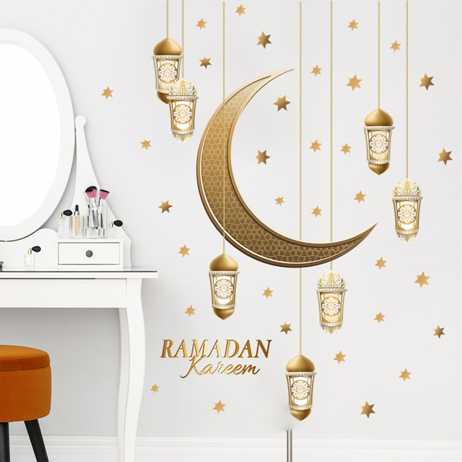 Ramadan Decorations for Home,Islamic Muslim Wall Stickers Decals,Eid Mubarak Ramadan Decor Lantern Moon Star Window Clings for Home Living Room Bedroom (Style G)