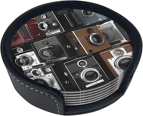 Retro Cool Camera Collection Coasters Set of 6 with Holder Non-Slip Leather Coaster for Drinks Round Drink Coaster for Tabletop Protection, Cup Mat disponible en Yaxa Guatemala