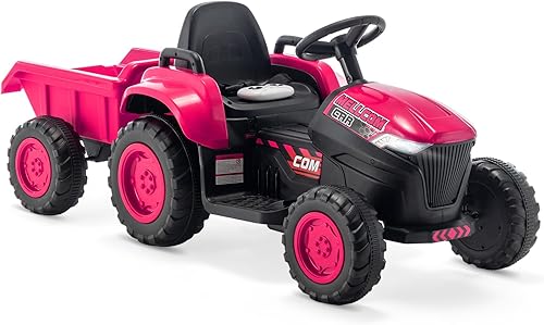 MELLCOM Tractor de paseo para niños, tractor de ruedas eléctricas de 12 V con remolque y control remoto, automóvil para niños pequeños con motores
