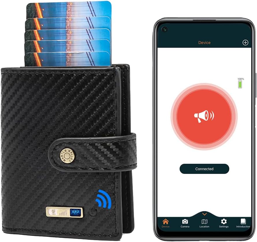 Wallet with Tracker & Finder GPS Position Locator Aluminum Cardholder Mens Slim Leather Wallet Minimalist Credit Card Holder Case with RFID Blocking Gifts Box (black-2)