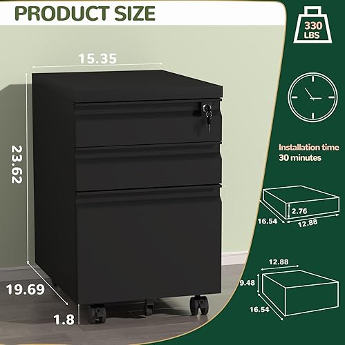 Miniatura 3 de GREATMEET Archivador de 3 cajones, archivador debajo del escritorio con cajones, archivador de metal con cerradura para tamaño cartaA4legal, negro,