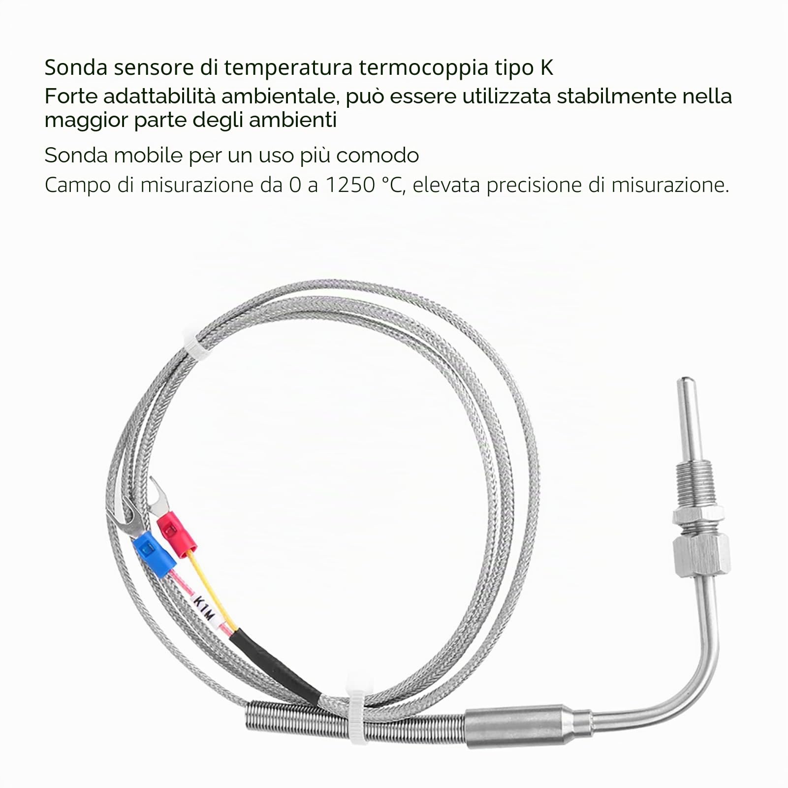 Termocoppia Tipo K con Sonda a Gomito 90°, Sensore di Temperatura 0-1250°C, Filettatura PT1/8, Cavo 1m, Acciaio