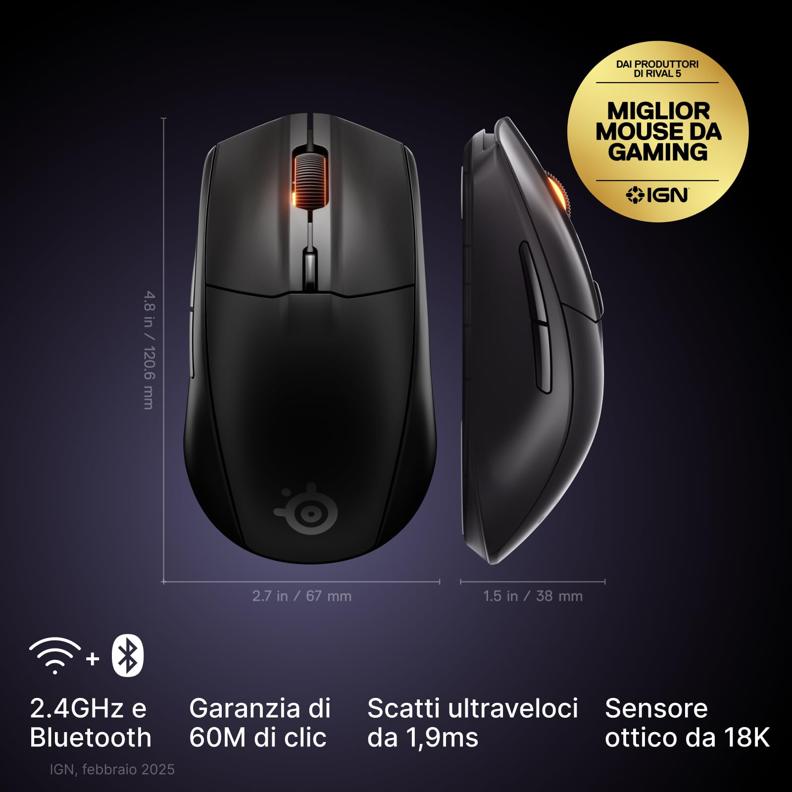 SteelSeries Rival 3 Wireless Gen 2 - Mouse Gaming - 2,4 GHz e Bluetooth - Sensore ottico TrueMove Air da 18000 DPI - Durata 60 milioni di clic - Leggero - Piedini 100% PTFE - Nero
