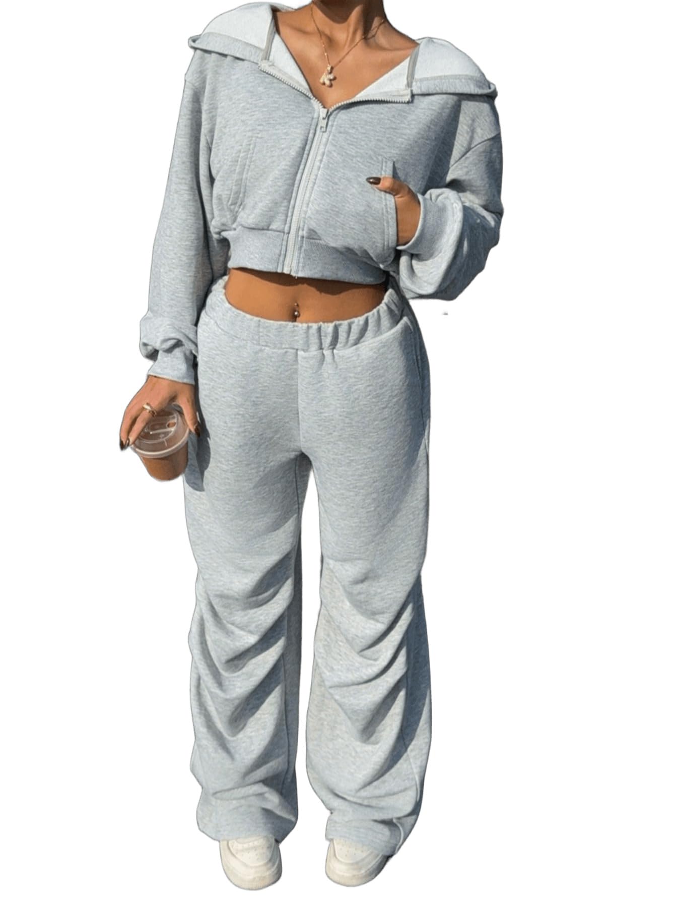 Women's 2 Piece Tracksuit Set, Crop Zip-Up Hoodie with Wide Leg Sweatpants, Light Grey-image-10