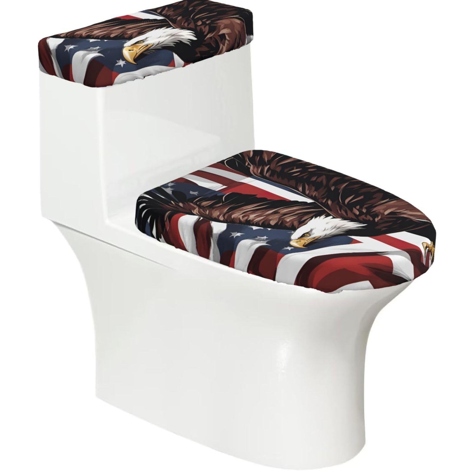 Eagle With Usa Flag Print Stretch Toilet Covers Set, Polyester Covers Replacement For Fits Most Size Lids Bathroom Decor